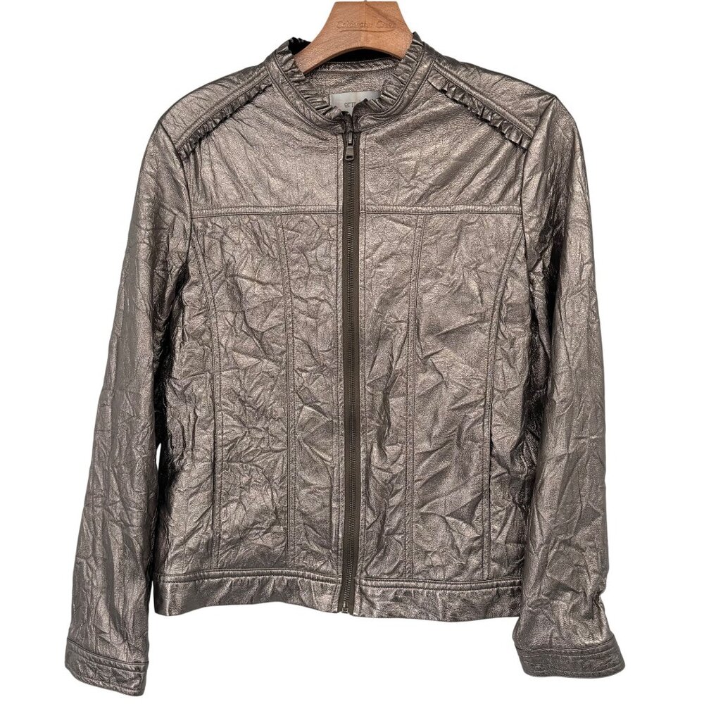 Erin London Womens faux leather metallic Jacket size medium Zip-Up pockets